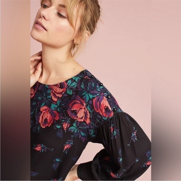 Anthropologie Maeve Gardenia Black Pink Purple Floral Linen Blend Blouse Top XS - Picture 3 of 16